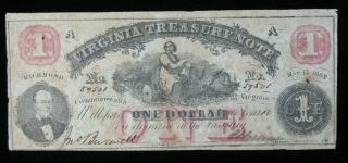 1862 Civil War $1 Virginia Treasury Note Richmond Obsolete Us Paper Money