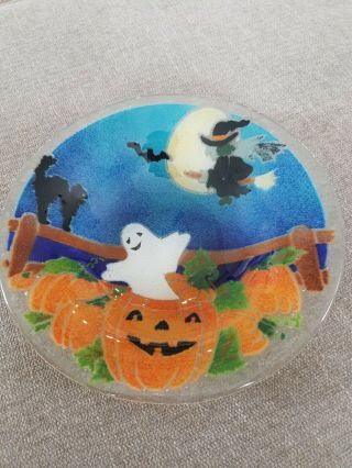 Peggy Karr Fused Glass Halloween Bowl Witch Bat Ghost Black Cat Pumpkin 8.  5 "