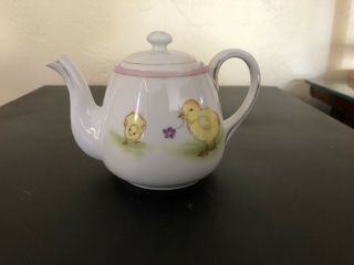 Vintage Nippon Je - Oh Hand Painted China Teapot With Chicks With Purple Flowers