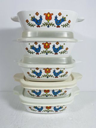Set Of 5 Corning Ware 1 3/4 Country Festival Bluebirds Casserole Dishes W 4 Lids