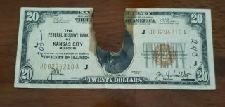 1929 National Currency $20.  00 Federal Bank Of Kansas City Burned