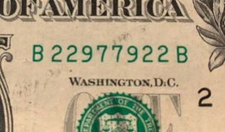 2017 $1 (dollar) – Note,  Bill - Fancy Serial Number – Trinary,  Radar 2297•7922