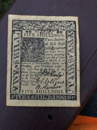 January 1,  1776 5 Shillings Delaware Colonial Currency Note