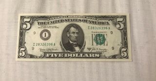 1969b Series Bank Of Minneapolis Us $5 Dollar Bill Federal Reserve Bank Note