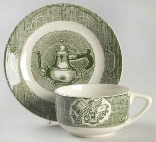 Vintage The Old Curiosity Shop Coffee Cup And Saucer Set Green Royal China Usa