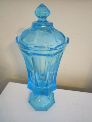 Vintage Fostoria Blue Coin Glass Footed Urn Candy Dish With Lid