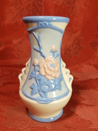 Vintage Made In Japan Two Handled Small Bud Vase Blue And Pink Flowers 4 1/2 " T