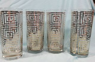 Vintage Culver Set Of 4 Highball Glasses 22k Gold Squared Spiral Lines Retro Mcm