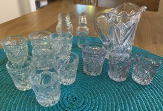 Child’s “oval Star " Glass Crystal Pitcher & 2 Tumblers Plus 10 More Tumblers Etc