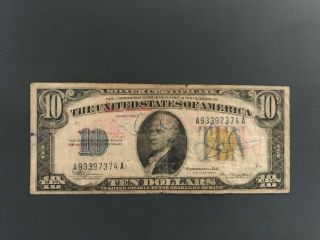 1934a $10 Ten Dollar Bill A93397374a " North Africa " Yellow Silver Certificate
