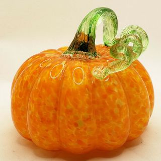Art Glass Hand Blown Pumpkin Gourd W/ Coiled Stem Orange