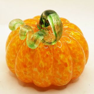 Art Glass Hand Blown Pumpkin Gourd w/ Coiled Stem Orange 2