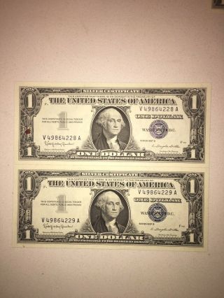 Set Of 2 Consecutive $1 Silver Certificates - Choice Uncirculated 1957