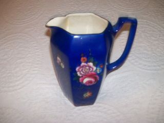 Antique Porcelain Cobalt Blue Pitcher W/peonies And Roses - 16 1/2 " H X 6 " Dia.
