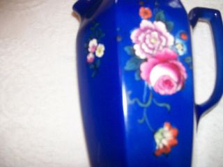 Antique Porcelain Cobalt Blue Pitcher w/Peonies and Roses - 16 1/2 