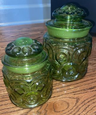 Vintage Mid Century Modern Emerald Green Moon And Stars Glass Canisters