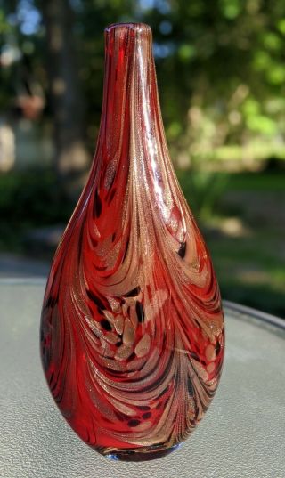 Heavy Murano Style Teardrop Vase Red Iridescent Gold & Black 14 " Tall❤️gorgeous