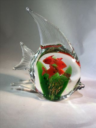 Art Glass Hand Crafted Hand Blown Angel Fish Aquarium 4 Fish In Belly 5” Tall