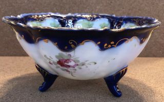 Vintage Unmarked Nippon Footed Nut Bowl Porcelain China Blue Floral Japan 2