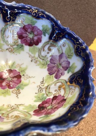 Vintage Unmarked Nippon Footed Nut Bowl Porcelain China Blue Floral Japan 3
