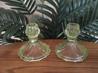 Vintage Set Of 2 Yellow Green Uranium Vaseline Glass Candlestick Holders