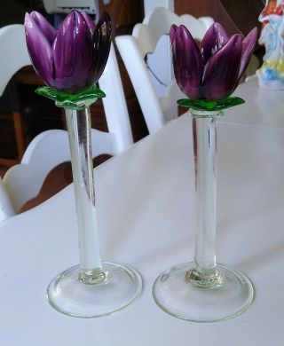 (2) Vintage Art Glass Blown Candlesticks Candle Holders Purple Tulips 9 " Flowers