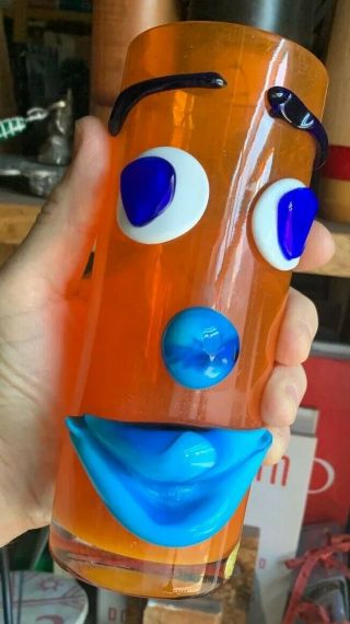 Hand Blown Art Glass Orange W:blue Clown Face Glass Arte Murano Icet Vintage 7”