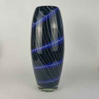Sasaki Hand Crafted Crystal Cased Glass Vase 13 " Tall Cobalt Blue,  Black & White