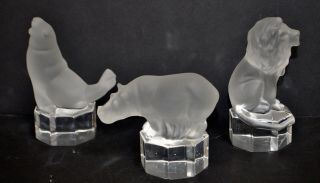 Three Goebel Frosted Crystal Animal Figurines - Lion,  Seal,  Hippo