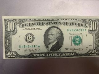 1977 Series G/a (chicago) $10 Dollar Federal Reserve Note Bill Us Currency