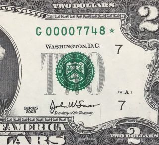 Fancy Serial Number $2 Dollar Star Note 2003 Chicago,  Low 0000.  Gem