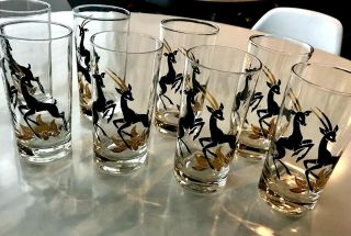 Vtg Mid Century Modern Set Of 8 Black And Gold Barware Drink Glasses Reindeer