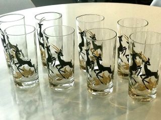 VTG Mid Century Modern Set of 8 Black and Gold Barware Drink Glasses Reindeer 3