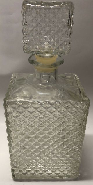 Vintage Clear Diamond Cut Square Glass Liquor Decanter W/stopper Barware