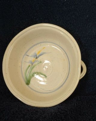 Hand Thrown Studio Art Pottery Bowl With Handle Maine Blue Yellow Flowers