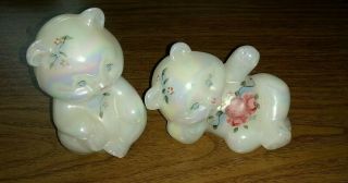 2 Vintage Fenton Teddy Bear Figures - Opalescent,  Hand Painted,  Signed Vgc