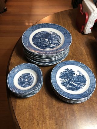Vintage Royal China Currier & Ives The Old Grist Mill Blue Plates 25pcs