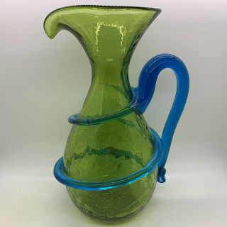Unique Vintage Hand Blown Blue & Aqua Green Crackle Art Glass Pitcher