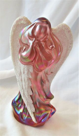 Fenton Pink Carnival Glass Angel Figurine W/ Coralene Beaded Wings 7 " Tall