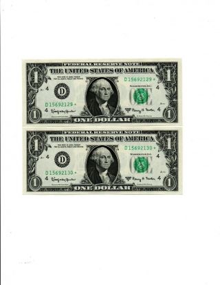 2 - Consecutive Serial Numbered 1963a,  $1.  00 Federal Reserve Star Notes,  Cu Notes
