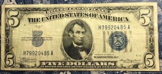1934 - A Us 5 Five Dollar Bill Silver Certificate Blue Seal Collector Note