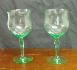 2 Vintage Tiffin Festoon Optic Green Water Goblets Uranium 2