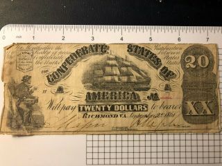 T - 18 $20 Dollar Confederate States Currency Civil War Ship Note 1861