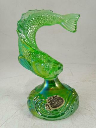 Vintage Art Glass Fenton Paperweight Fish Green Iridescent 5 " Tall Carnival Old
