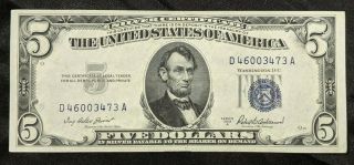 Us Currency $5 Five Dollar Note 1953 A Silver Certificate Blue Seal Bill