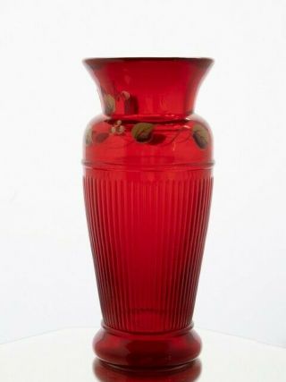 Fenton Red Vase – Ribbed – Handpainted Signed By S.  Hopkins – 9.  5” Tall