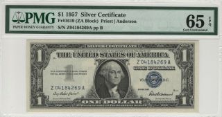 1957 $1 Silver Certificate Fr.  1619 Pmg Certified Gem Uncirculated 65 Epq