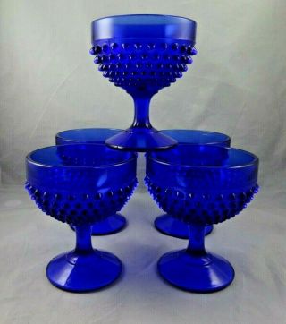 5 Vintage Le Smith Cobalt Blue Hobnail Sherbet Dessert Cup Goblet Handmade Usa
