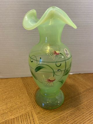 Fenton Sea Green Hand Painted Exotic Flower Vase Look
