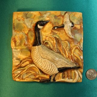 Old Handmade 1 " Relief Art Tile Goose Geese Bird 5.  75 " Antique Vintage Pottery
